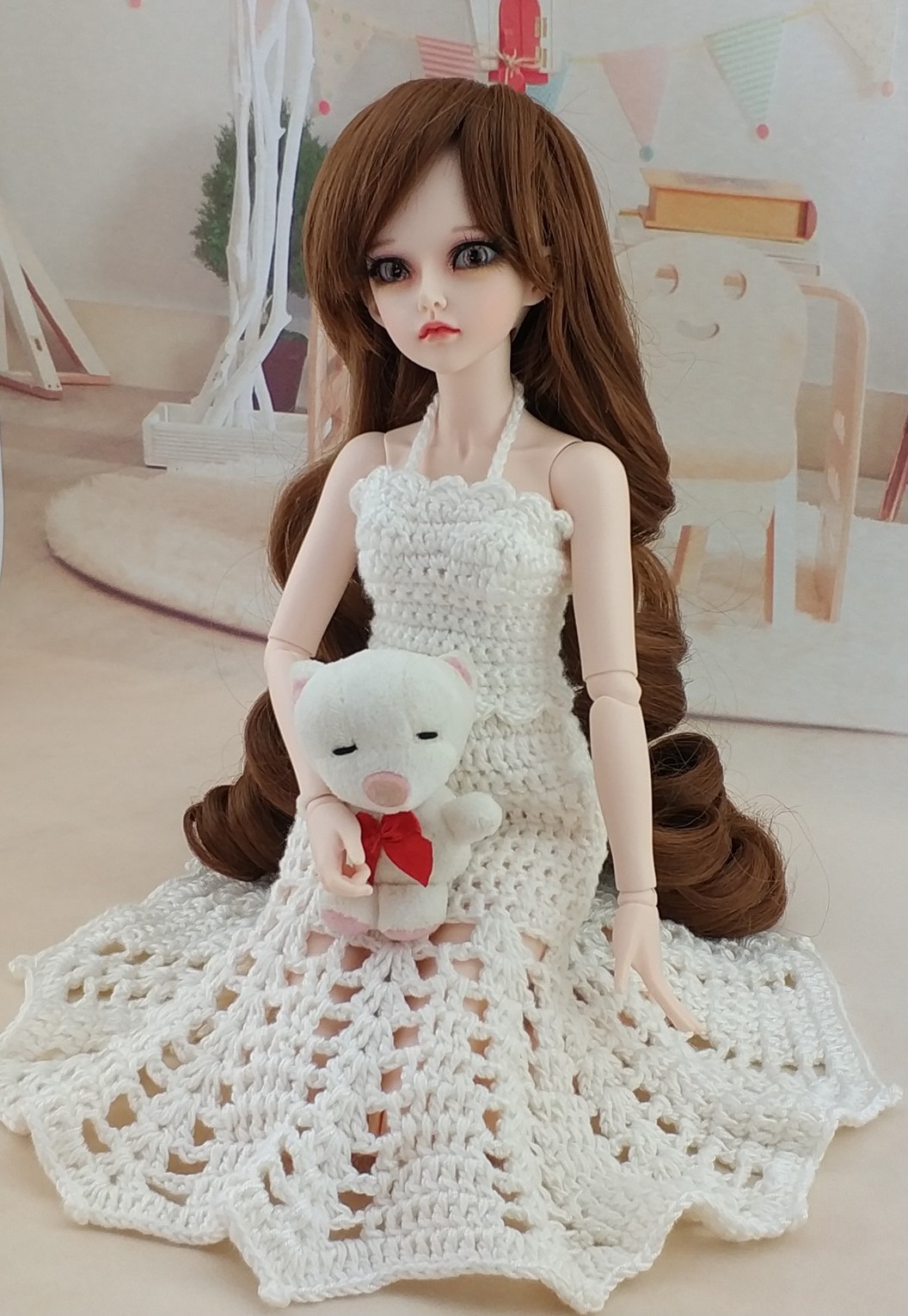 Crochet white dress set for 1/4 size BJD - Click Image to Close